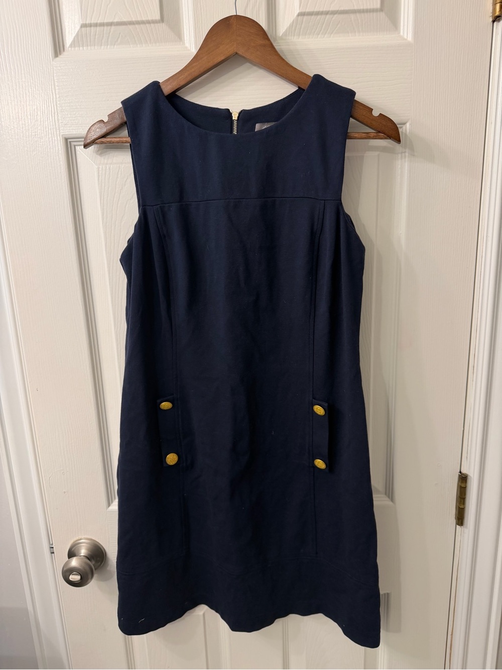 Vince Camuto Navy Sleeveless Midi Shift Dress with Gold Buttons